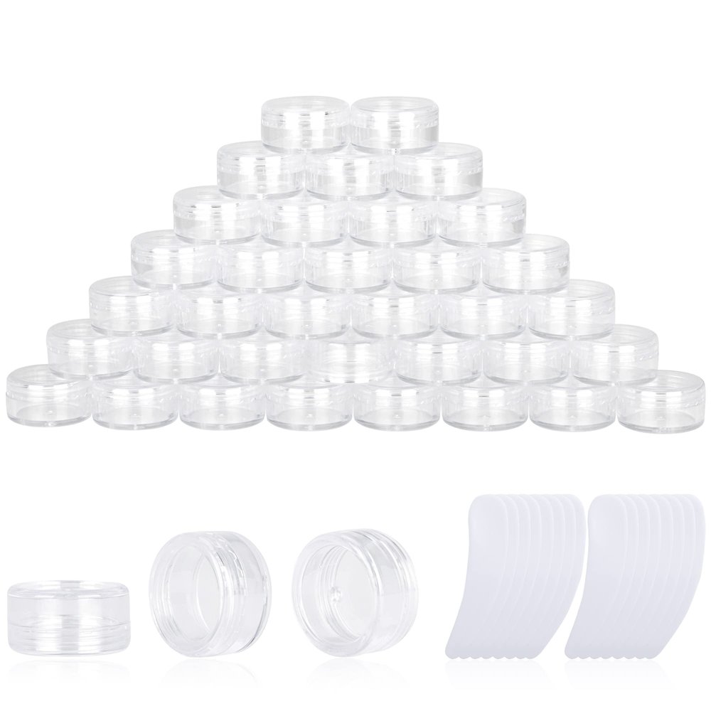 200PCS 3 Gram Sample Containers, 3ml Empty Jars with Lids, Small Cosmetic Containers, Mini Sample Jars with 16PCS Mini Spatulas for Make Up, Oils, Lotion, Powder, Paint, Jewelry, Lip Balms(Clear Lid)