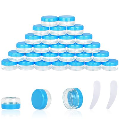 25PCS 10 Gram Sample Containers,10ml Empty Jars with Lids, Small Cosmetic Containers, Mini Sample Jars with 2PCS Mini Spatulas for Make Up, Oils, Lotion, Powder, Paint, Jewelry, Lip Balms(Blue Lid)