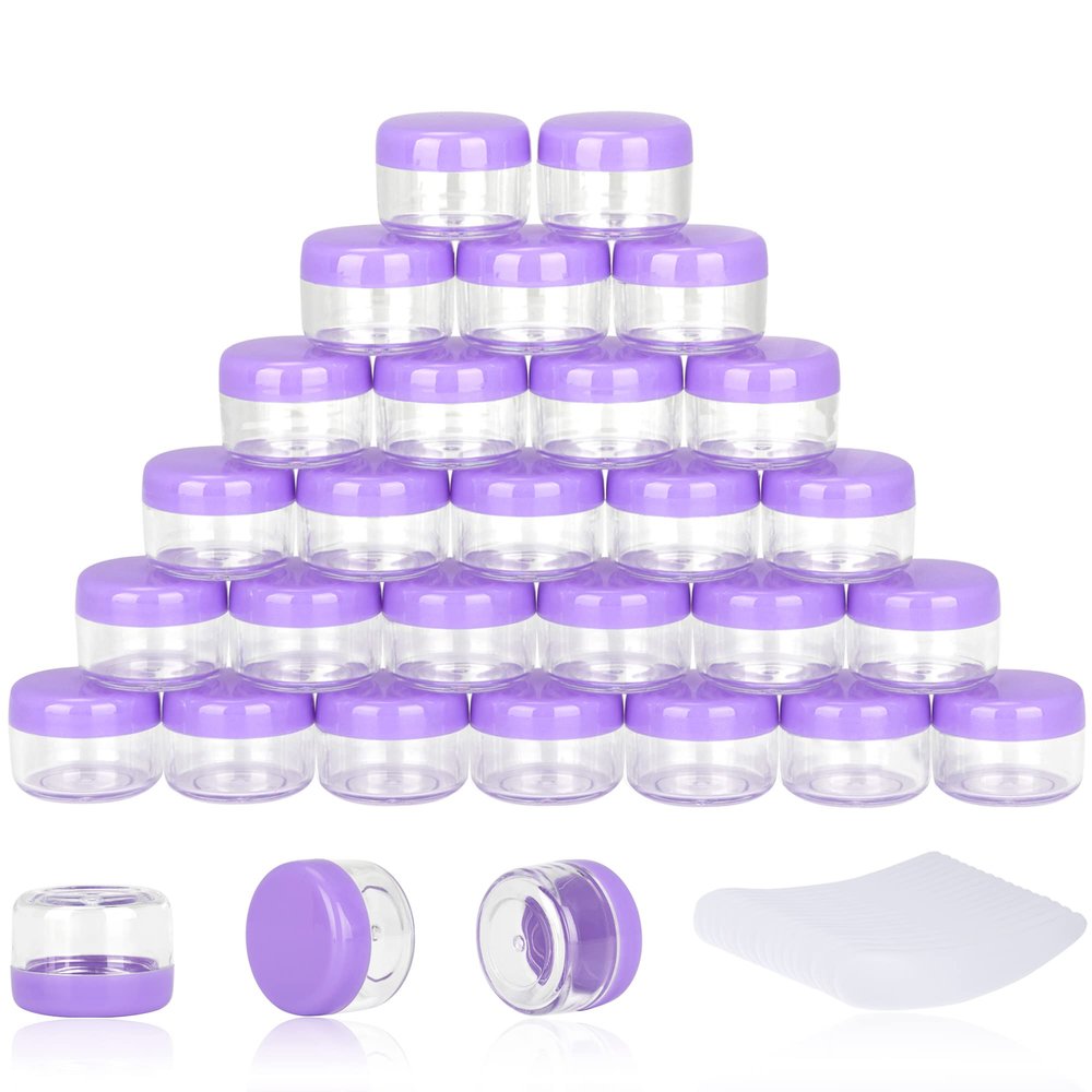 200PCS 5 Gram Sample Containers, 5ml Empty Jars with Lids, Small Cosmetic Containers, Mini Sample Jars with 16PCS Mini Spatulas for Make Up, Oils, Lotion, Powder, Paint, Jewelry, Lip Balms(Purple Lid)