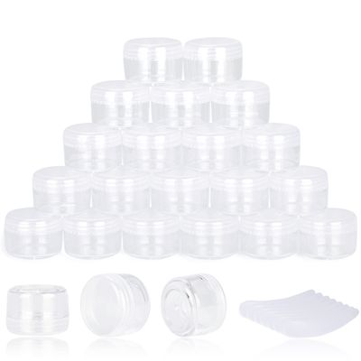 100PCS 5 Gram Sample Containers, 5ml Empty Jars with Lids, Small Cosmetic Containers, Mini Sample Jars with 8PCS Mini Spatulas for Make Up, Oils, Lotion, Powder, Paint, Jewelry, Lip Balms(Clear Lid)