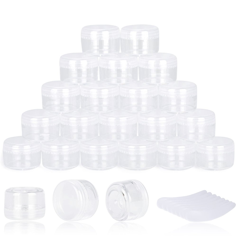 100PCS 5 Gram Sample Containers, 5ml Empty Jars with Lids, Small Cosmetic Containers, Mini Sample Jars with 8PCS Mini Spatulas for Make Up, Oils, Lotion, Powder, Paint, Jewelry, Lip Balms(Clear Lid)