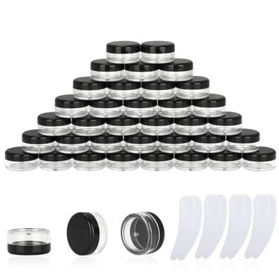 100PCS 3 Gram Sample Containers, 3ml Empty Jars with Lids, Small Cosmetic Containers, Mini Sample Jars with 8PCS Mini Spatulas for Make Up, Oils, Lotion, Powder, Paint, Jewelry, Lip Balms(Black Lid)