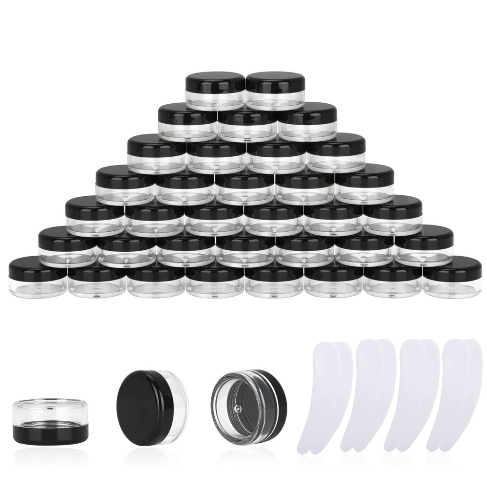 100PCS 3 Gram Sample Containers, 3ml Empty Jars with Lids, Small Cosmetic Containers, Mini Sample Jars with 8PCS Mini Spatulas for Make Up, Oils, Lotion, Powder, Paint, Jewelry, Lip Balms(Black Lid)