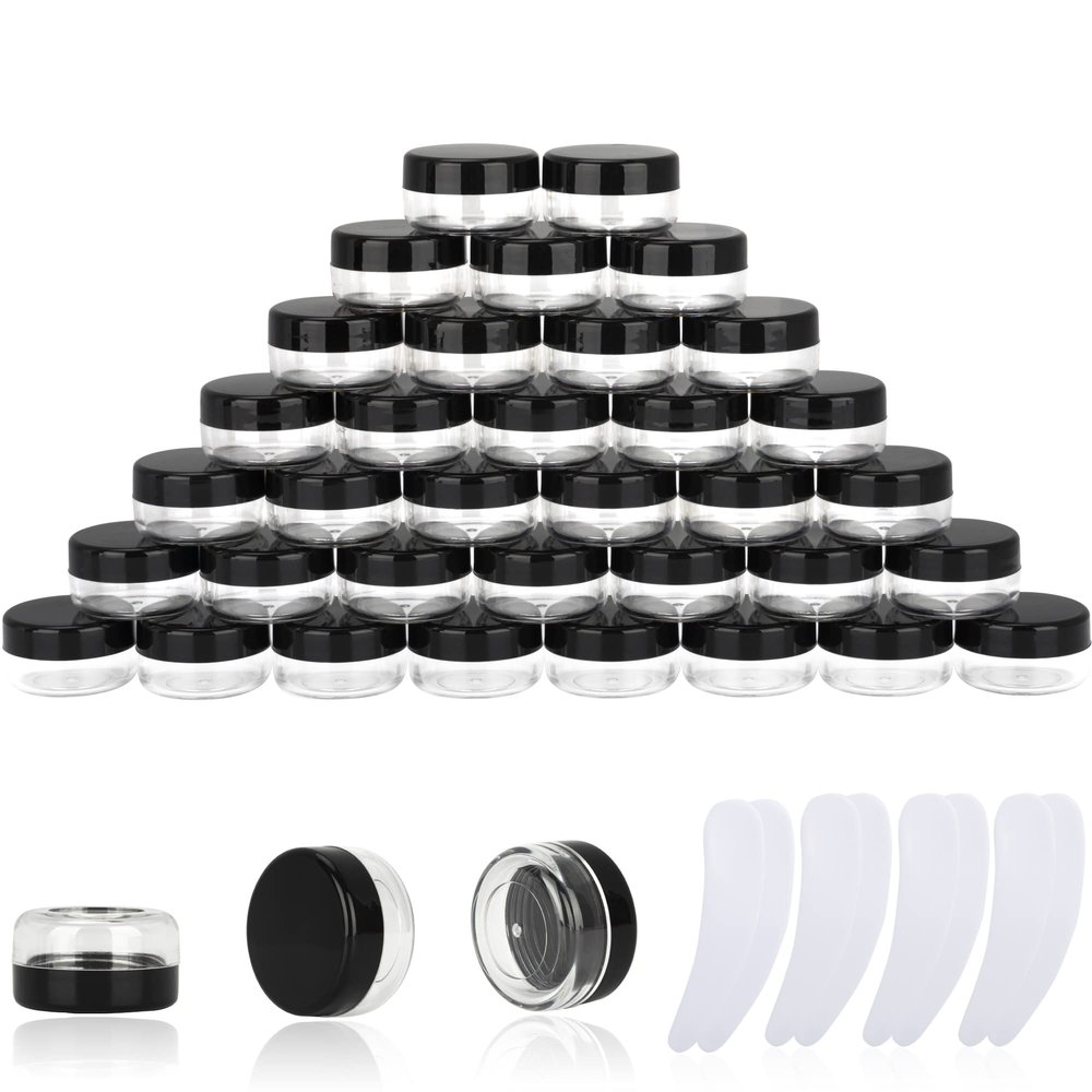 100PCS 10 Gram Sample Containers,10ml Empty Jars with Lids, Small Cosmetic Containers, Mini Sample Jars with 8PCS Mini Spatulas for Make Up, Oils, Lotion, Powder, Paint, Jewelry, Lip Balms(Black Lid)