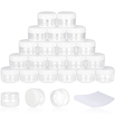 100PCS 5 Gram Sample Containers, 5ml Empty Jars with Lids, Small Cosmetic Containers, Mini Sample Jars with 8PCS Mini Spatulas for Make Up, Oils, Lotion, Powder, Paint, Jewelry, Lip Balms(White Lid)