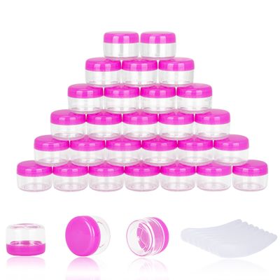100PCS 5 Gram Sample Containers, 5ml Empty Jars with Lids, Small Cosmetic Containers, Mini Sample Jars with 8PCS Mini Spatulas for Make Up, Oils, Lotion, Powder, Paint, Jewelry, Lip Balms(Pink Lid)