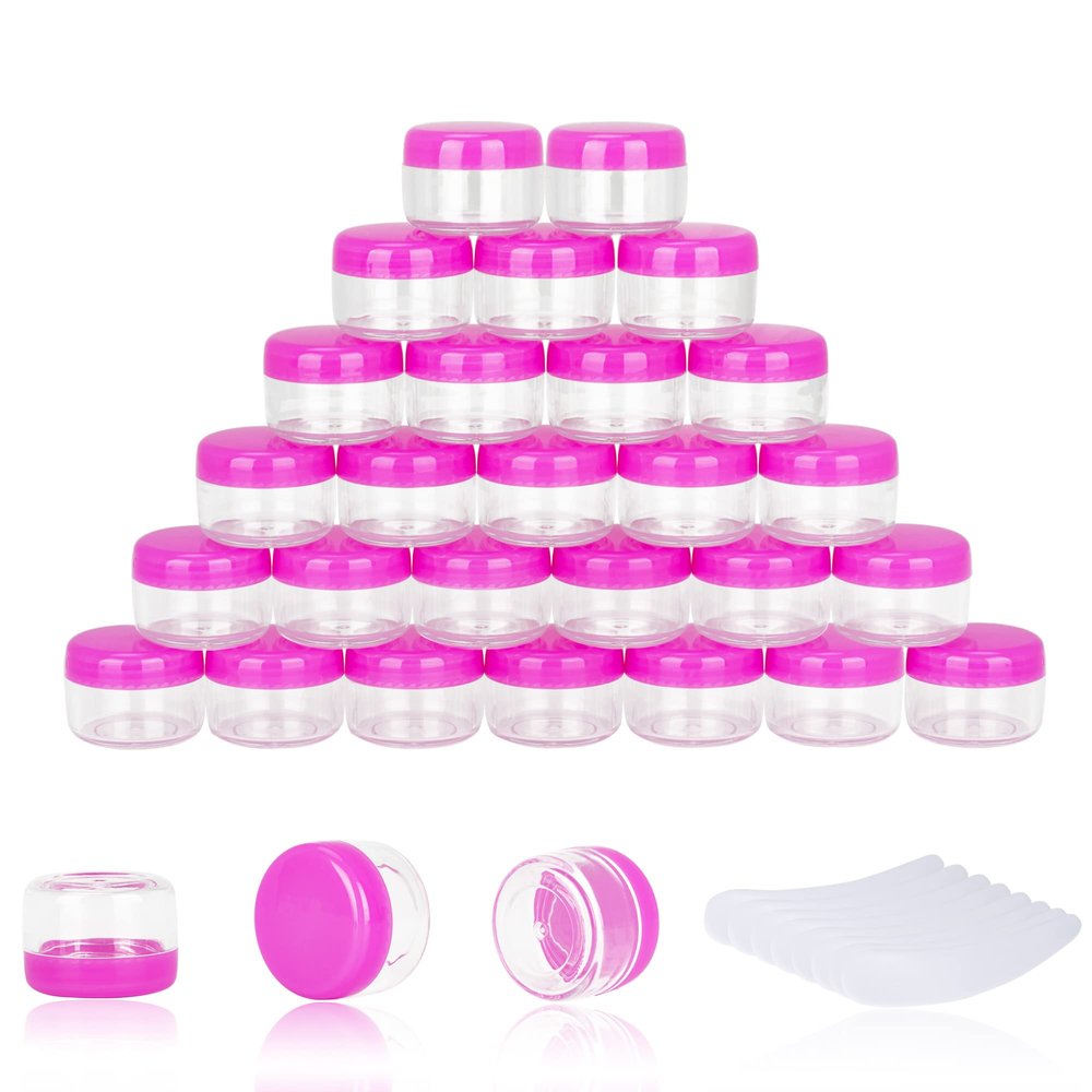 100PCS 5 Gram Sample Containers, 5ml Empty Jars with Lids, Small Cosmetic Containers, Mini Sample Jars with 8PCS Mini Spatulas for Make Up, Oils, Lotion, Powder, Paint, Jewelry, Lip Balms(Pink Lid)