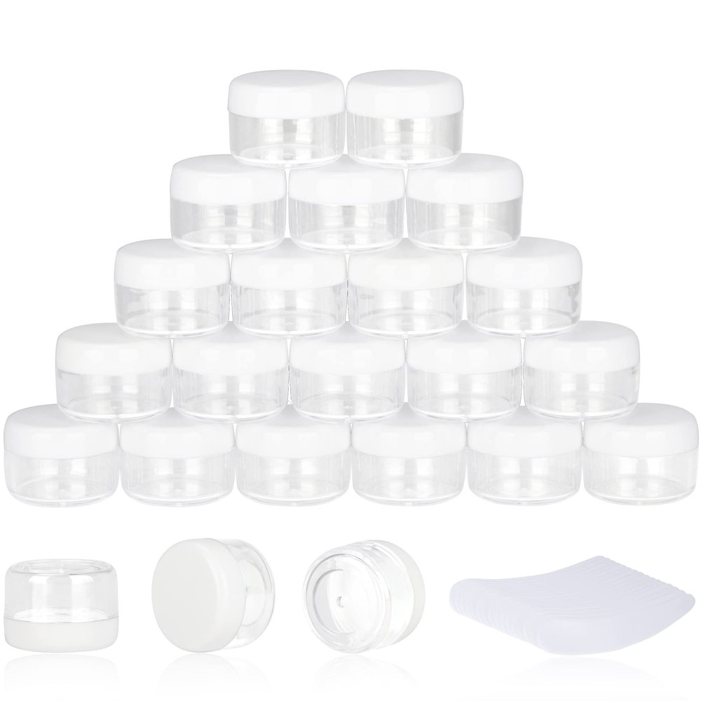 200PCS 5 Gram Sample Containers, 5ml Empty Jars with Lids, Small Cosmetic Containers, Mini Sample Jars with 16PCS Mini Spatulas for Make Up, Oils, Lotion, Powder, Paint, Jewelry, Lip Balms(White Lid)