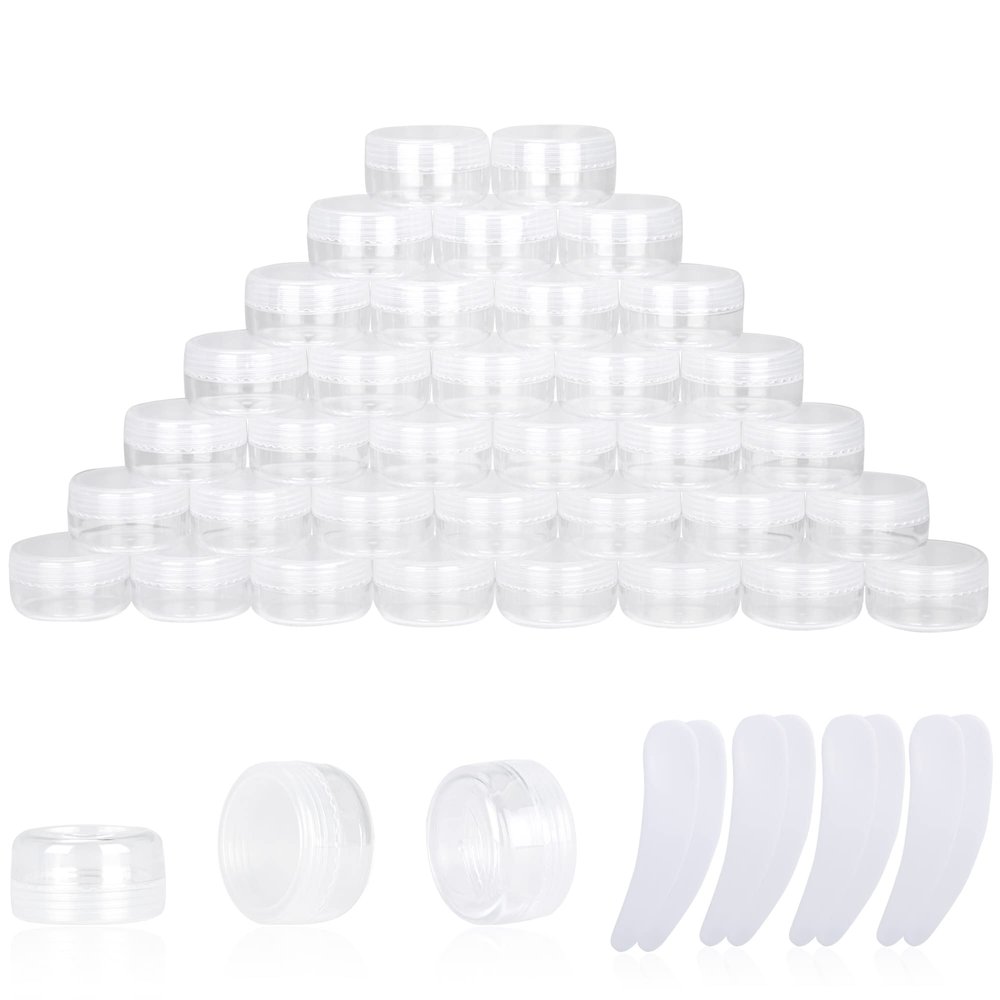 100PCS 10 Gram Sample Containers, 10ml Empty Jars with Lids, Small Cosmetic Containers, Mini Sample Jars with 8PCS Mini Spatulas for Make Up, Oils, Lotion, Powder, Paint, Jewelry, Lip Balms(Clear Lid)