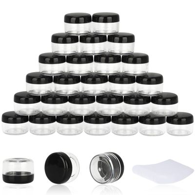 200PCS 5 Gram Sample Containers, 5ml Empty Jars with Lids, Small Cosmetic Containers, Mini Sample Jars with 16PCS Mini Spatulas for Make Up, Oils, Lotion, Powder, Paint, Jewelry, Lip Balms(Black Lid)