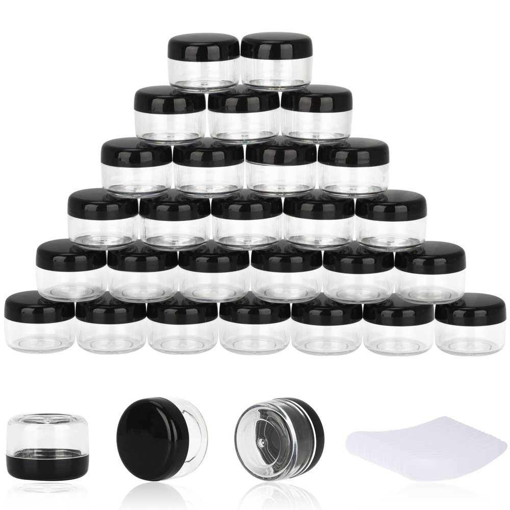 200PCS 5 Gram Sample Containers, 5ml Empty Jars with Lids, Small Cosmetic Containers, Mini Sample Jars with 16PCS Mini Spatulas for Make Up, Oils, Lotion, Powder, Paint, Jewelry, Lip Balms(Black Lid)