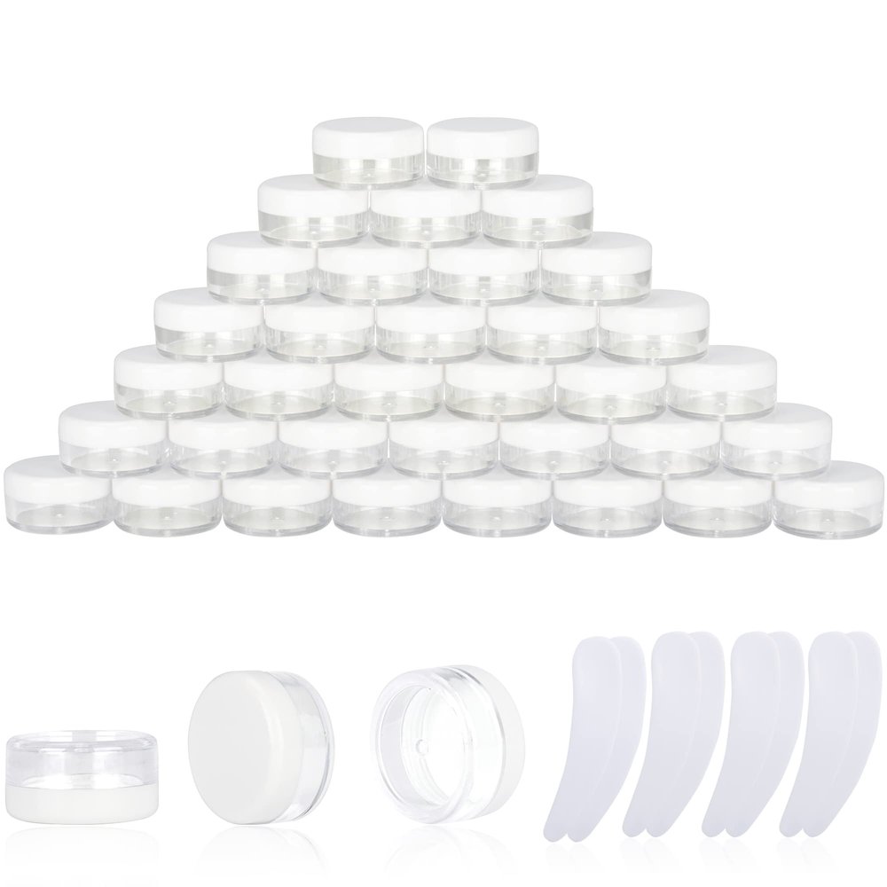 100PCS 3 Gram Sample Containers, 3ml Empty Jars with Lids, Small Cosmetic Containers, Mini Sample Jars with 8PCS Mini Spatulas for Make Up, Oils, Lotion, Powder, Paint, Jewelry, Lip Balms(White Lid)