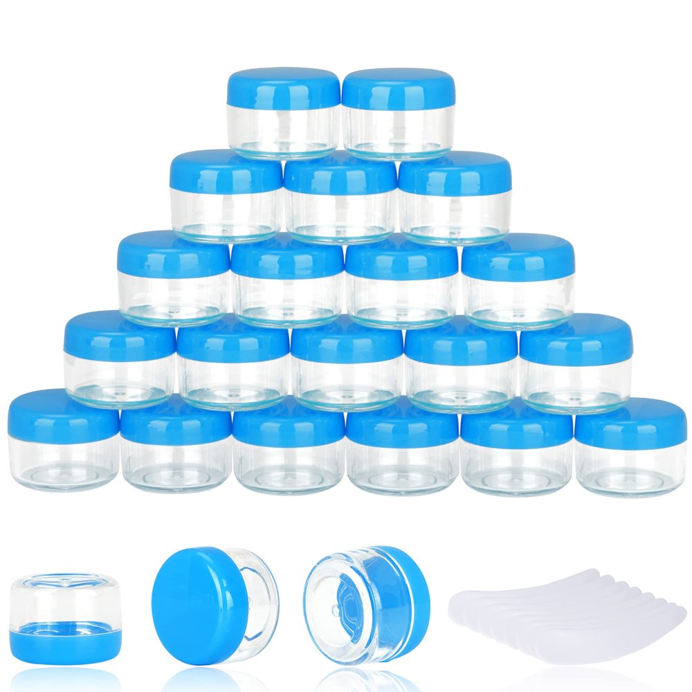100PCS 5 Gram Sample Containers, 5ml Empty Jars with Lids, Small Cosmetic Containers, Mini Sample Jars with 8PCS Mini Spatulas for Make Up, Oils, Lotion, Powder, Paint, Jewelry, Lip Balms(Blue Lid)