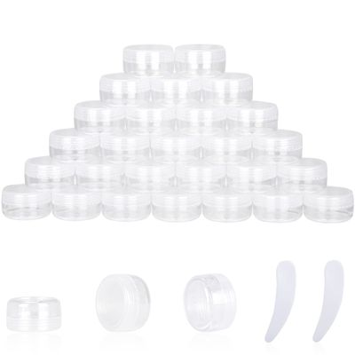 25PCS 10 Gram Sample Containers, 10ml Empty Jars with Lids, Small Cosmetic Containers, Mini Sample Jars with 2PCS Mini Spatulas for Make Up, Oils, Lotion, Powder, Paint, Jewelry, Lip Balms(Clear Lid)