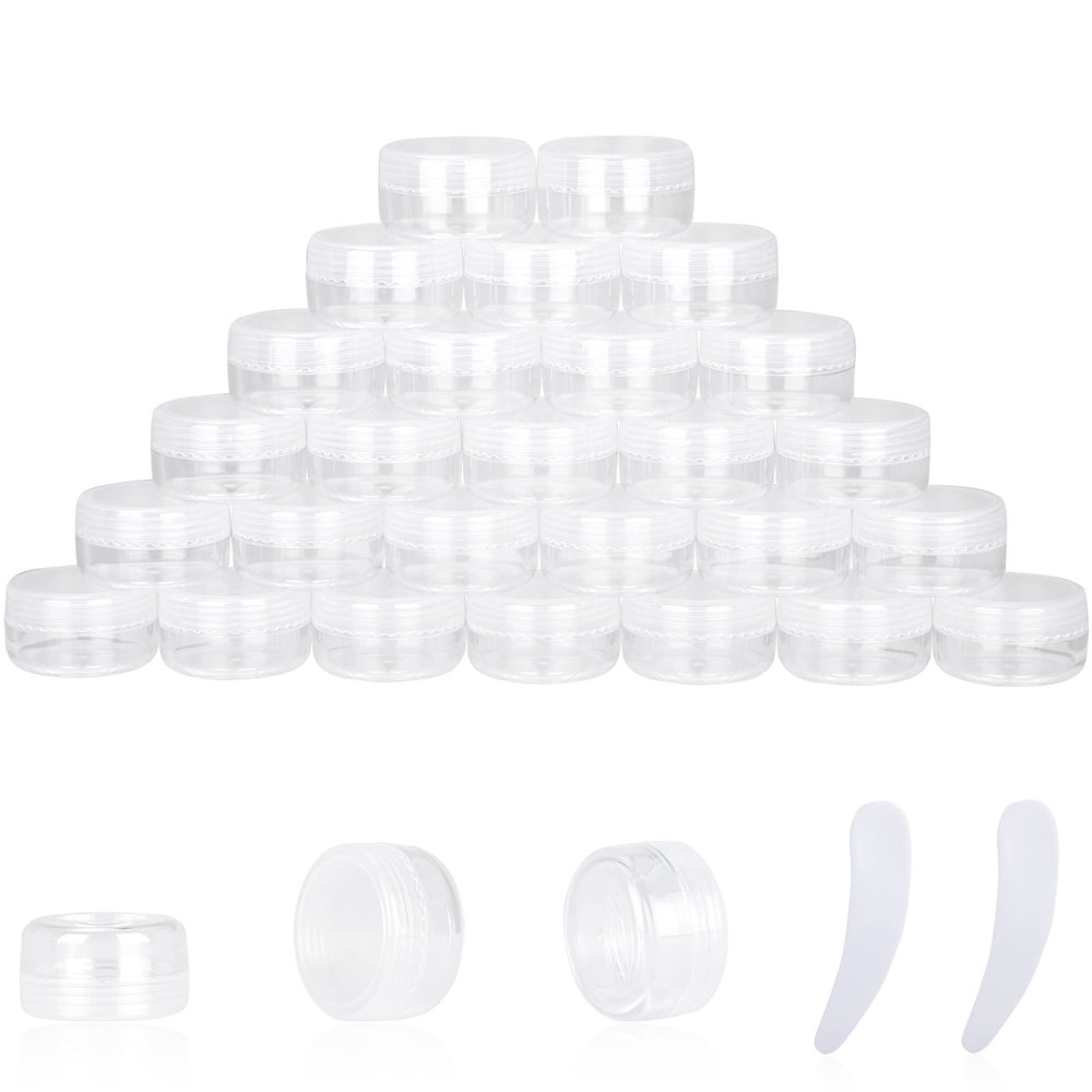 25PCS 10 Gram Sample Containers, 10ml Empty Jars with Lids, Small Cosmetic Containers, Mini Sample Jars with 2PCS Mini Spatulas for Make Up, Oils, Lotion, Powder, Paint, Jewelry, Lip Balms(Clear Lid)