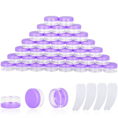 100PCS 3 Gram Sample Containers, 3ml Empty Jars with Lids, Small Cosmetic Containers, Mini Sample Jars with 8PCS Mini Spatulas for Make Up, Oils, Lotion, Powder, Paint, Jewelry, Lip Balms(Purple Lid)