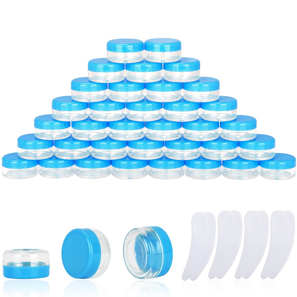 100PCS 10 Gram Sample Containers, 10ml Empty Jars with Lids, Small Cosmetic Containers, Mini Sample Jars with 8PCS Mini Spatulas for Make Up, Oils, Lotion, Powder, Paint, Jewelry, Lip Balms(Blue Lid)