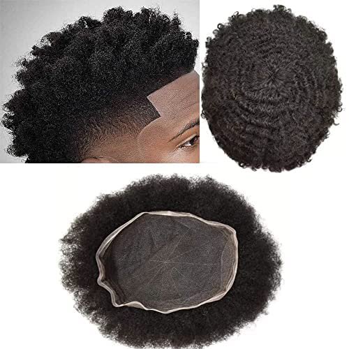 Afro Curl Toupee For Black Man Full Lace Weave Hair Units Swiss Lace Afro Wig For Black Men Real Human Hair Toupee African American Men Hair Systems US Stock.(4MM TIGHT CURL, 1# JET BLACK)