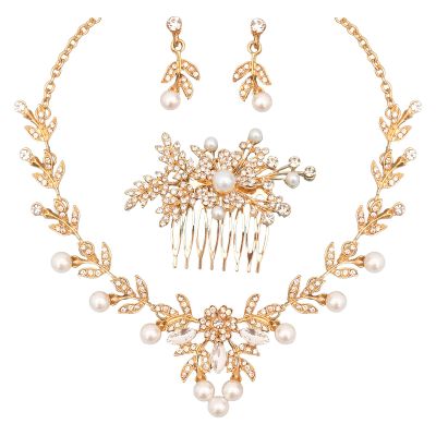 Aixiao Elegant Bridal Jewelry Set for Wedding Bride Bridesmaids Pearl Rhinestone Necklace Earrings Hair Side Comb Headpiece Accessories for Women (style B-gold)