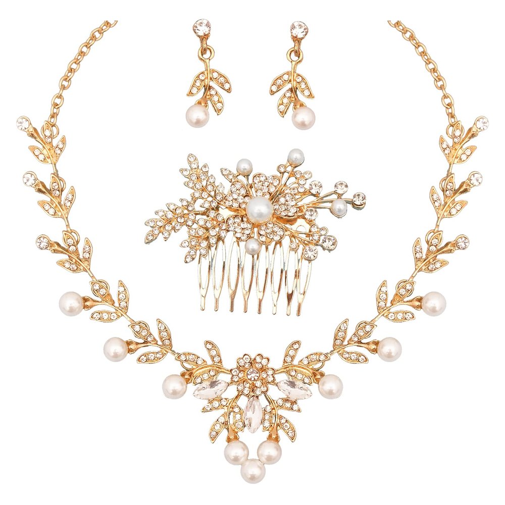 Aixiao Elegant Bridal Jewelry Set for Wedding Bride Bridesmaids Pearl Rhinestone Necklace Earrings Hair Side Comb Headpiece Accessories for Women (style B-gold)