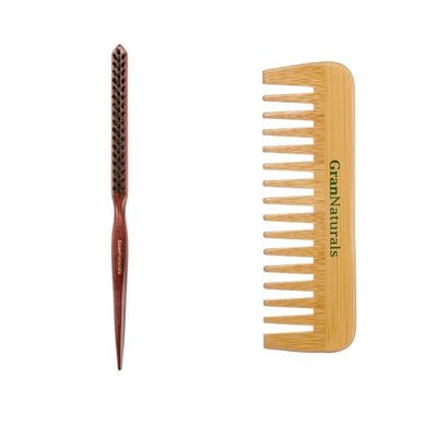 GranNaturals Boar Bristle Teasing Brush and Wide Tooth Long Wooden Comb
