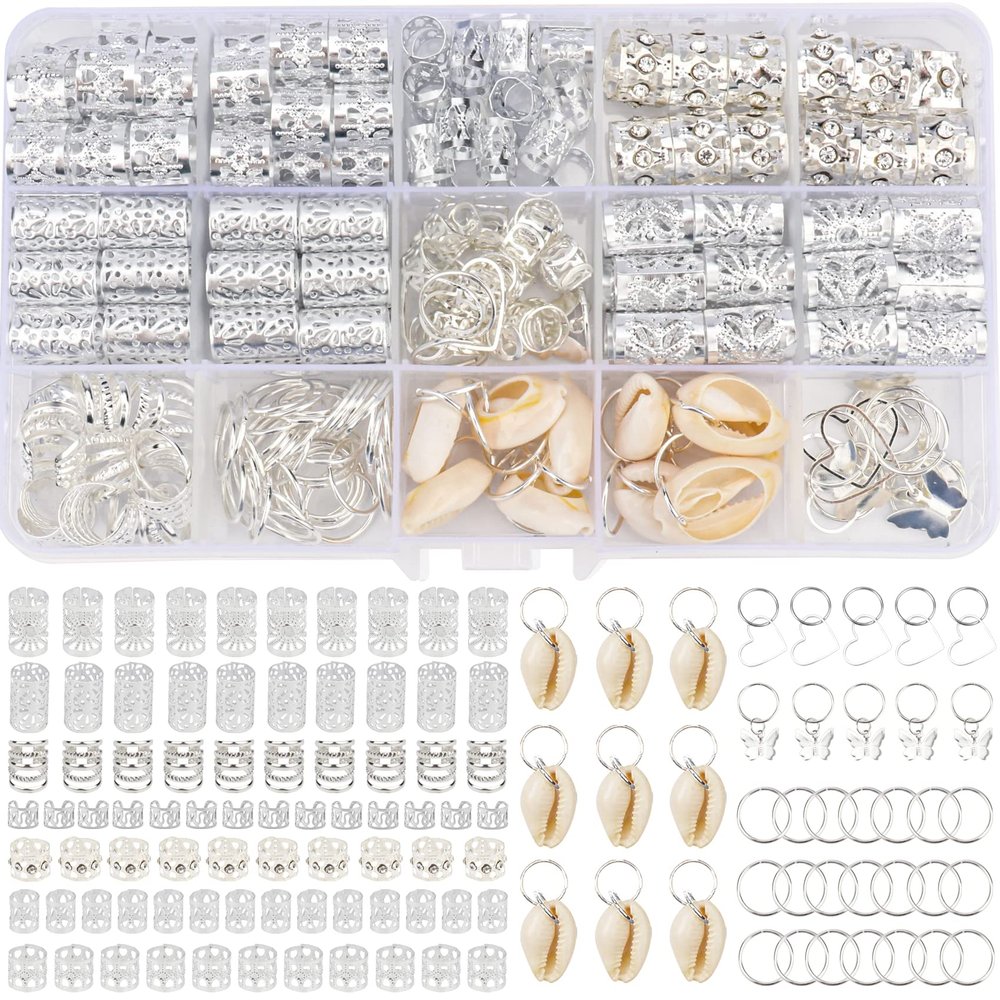 202 Pcs Hair Jewelry for Women Braids, Locs Jewelry Dreadlocks Beads Braid Rings Hair Cuffs Shells Heart Butterfly Pendants Hair Clips for Dreadlock Accessories (Silver)