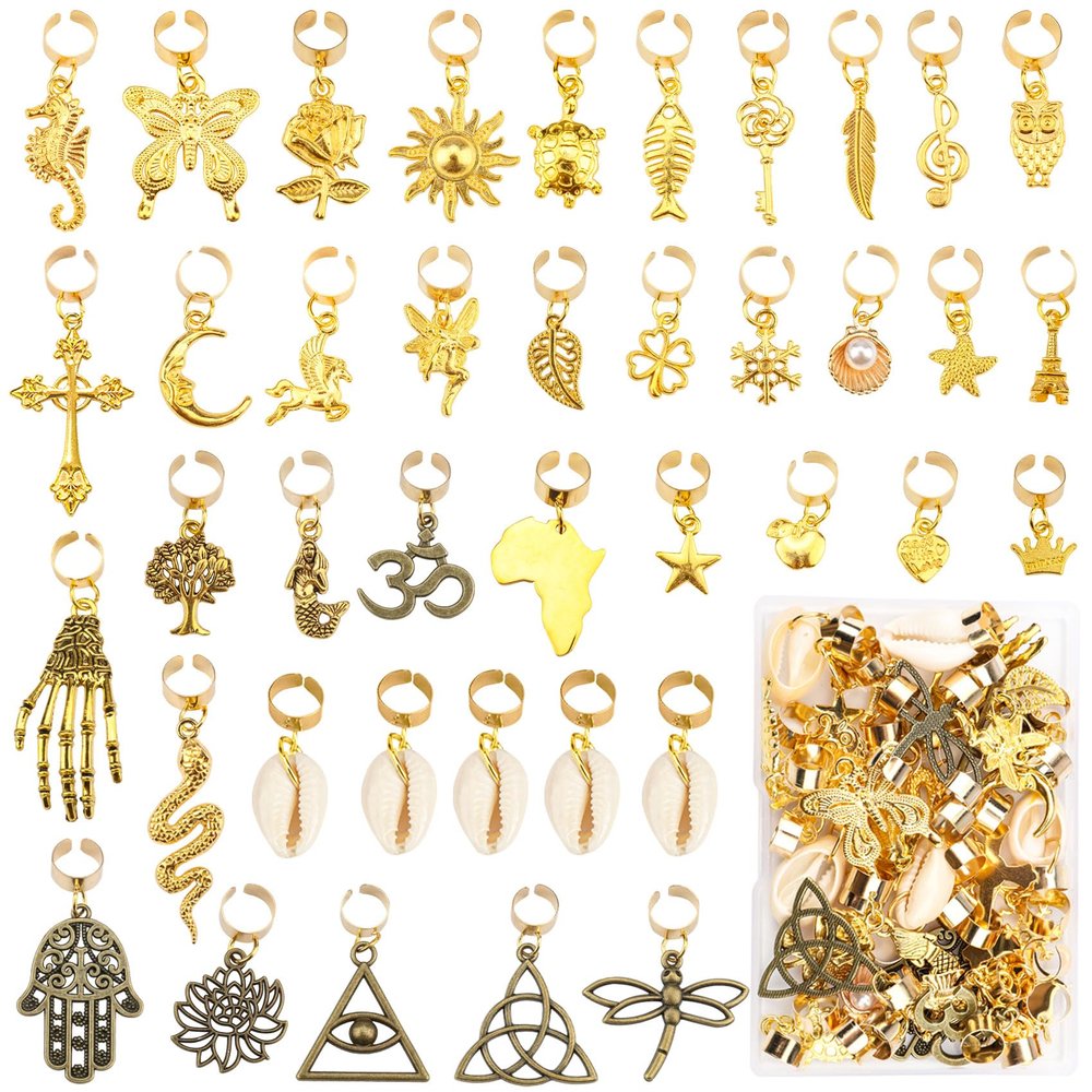 40 Pcs Locs Hair Jewelry Braids Hair Clips Adjustable Hair Cuffs African Style Dreadlocks Hair Beads Butterfly Shell DIY Hair Pendant Charms Hair Decoration for Locs Accessories (Gold and Bronze)