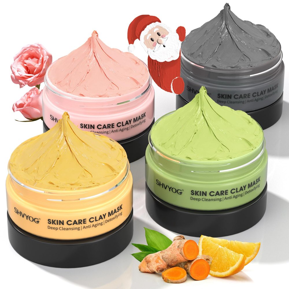 SHVYOG 4Pcs Face Mask Set - Turmeric Clay Mask, Vitamin C, Green Tea, Rose, Dead Sea Mud Mask, Skin Care Mask for Deep Cleansing, Refining Pores, Stocking Stuffers for Women, Gifts for Women- 240g