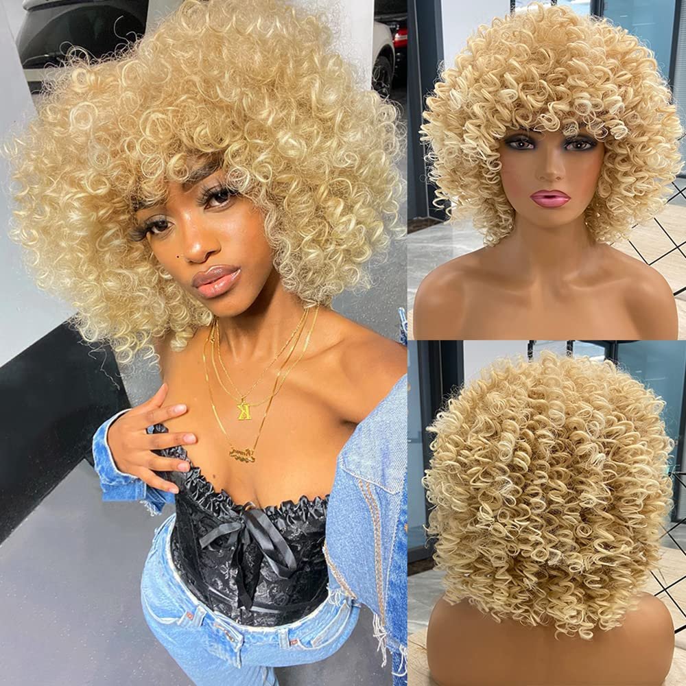 Airimori Blonde Afro Kinky Curly Wigs for Black Women Curly Short Wigs with Bangs Afro Wig Heat Resistant Synthetic for Daily Party 14 Inches