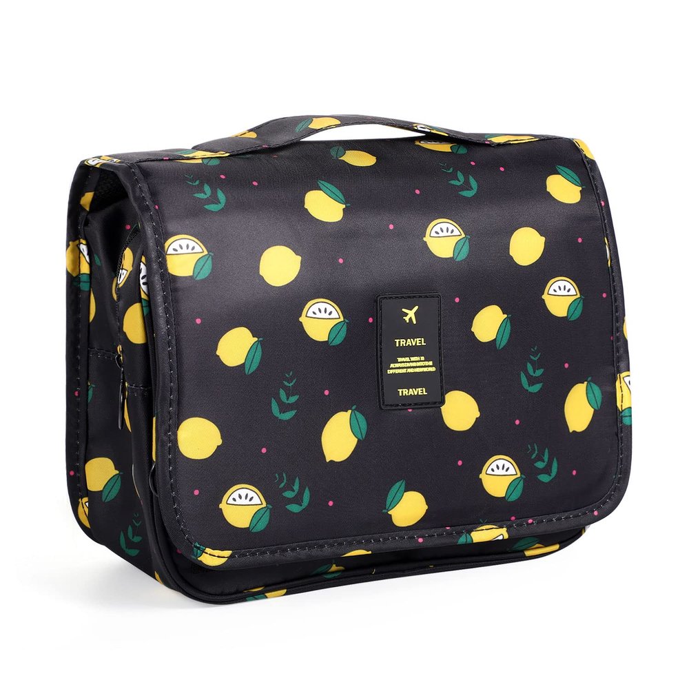 Pengxiaomei Toiletry Bag, Waterproof Hanging Cosmetic Bag Portable Travel Makeup Pouch Bathroom Bag Stocking Stuffers for Women Christmas Gifts(Black Lemon)