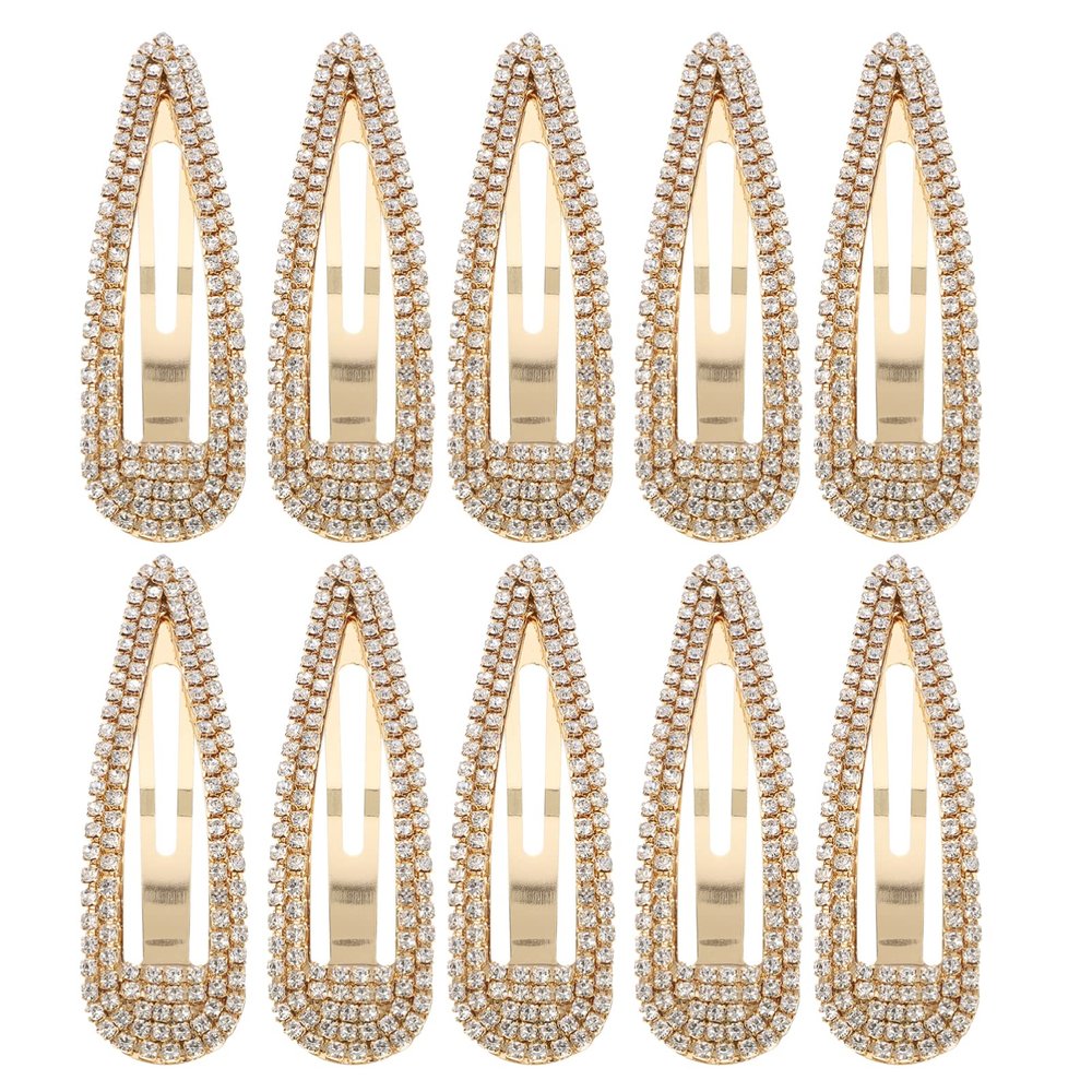 KALLORY Rhinestone Snap Hair Clips, 10pcs Glitter Water Drop Hairpins Crystal Metal Snap Hair Barrette for Women Wedding Hair Accessories