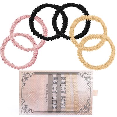 22 Momme 6PCS 100% Mulberry Silk Hair Ties Small Silk Scrunchies for Women Girls Curly Thick Thin Hair .Women's Black Cute Satin Sleepy Bulk Hair Tie Scrunchie Sleep