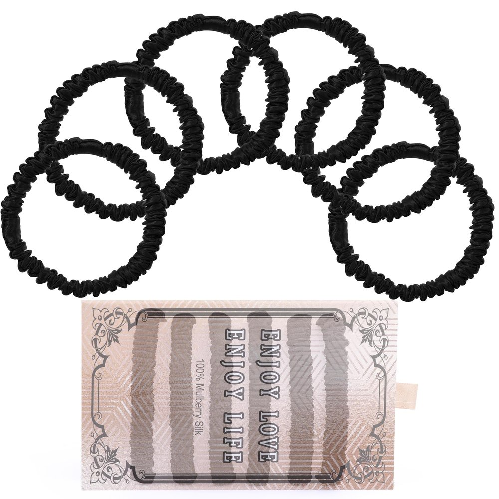 22 Momme 6PCS 100% Mulberry Silk Hair Ties Small Silk Scrunchies for Women Girls Curly Thick Thin Hair .Women's Black Cute Satin Sleepy Bulk Hair Tie Scrunchie Sleep