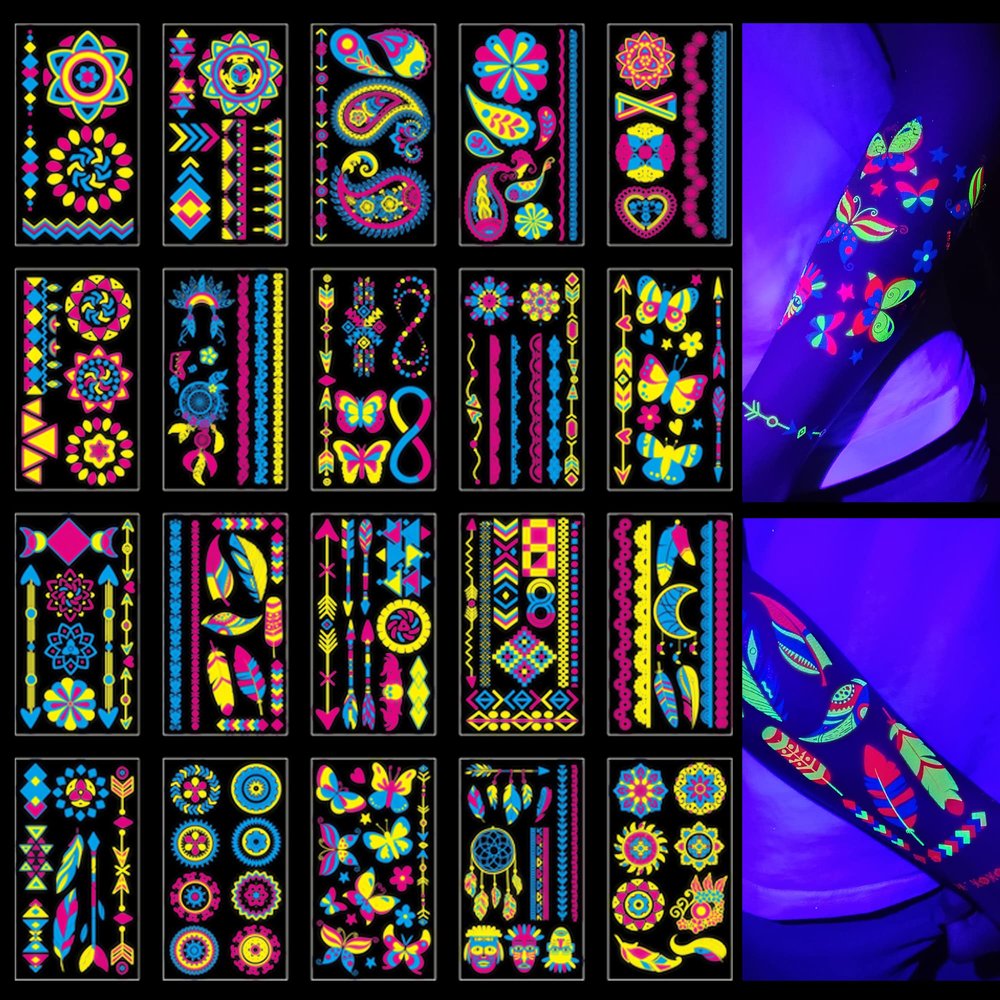 Glow in the Dark Tattoos 172 PCS Glow in the Dark Party Supplies, Neon Body Paint Be UV Blacklight Reactive Face Temporary Tattoos for Adults, Teens | Neon Accessories, Party Favors & Decorations