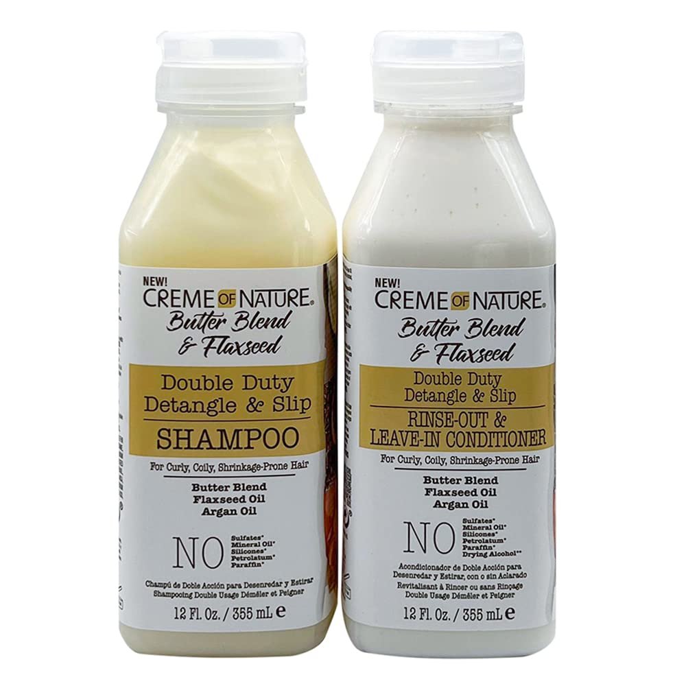 Creme of Nature Butter Blend & Flaxseed Shampoo, Conditioner for Curly, Coily, Shrinkage - Prone Hair  Styling Bundle Collection Set 2 PCS