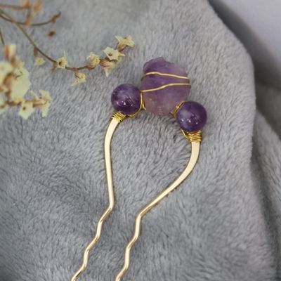 Amethyst Hair Stick Handmade Quartz Hairpin Headdress Jewelry Hairpin Hair Accessories Amethyst Magic Gift (Color : Light Yellow Gold Color)