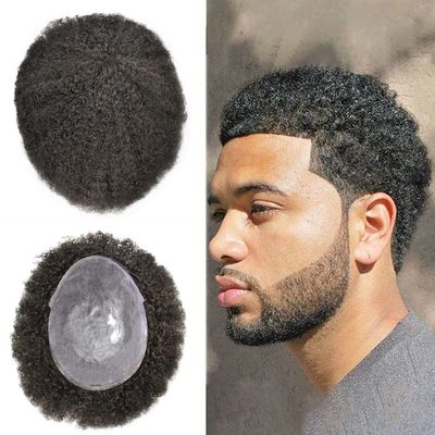 Afro Men's Toupee For Black Mens Weave Afro Human Hair Unit Kinky Curly Afro Toupee For Black Men Hair Pieces African American Durable Injection PU with Breathable Holes Man Weave (8''*10'', 1B# OFF BLACK 8MM-WAVE)
