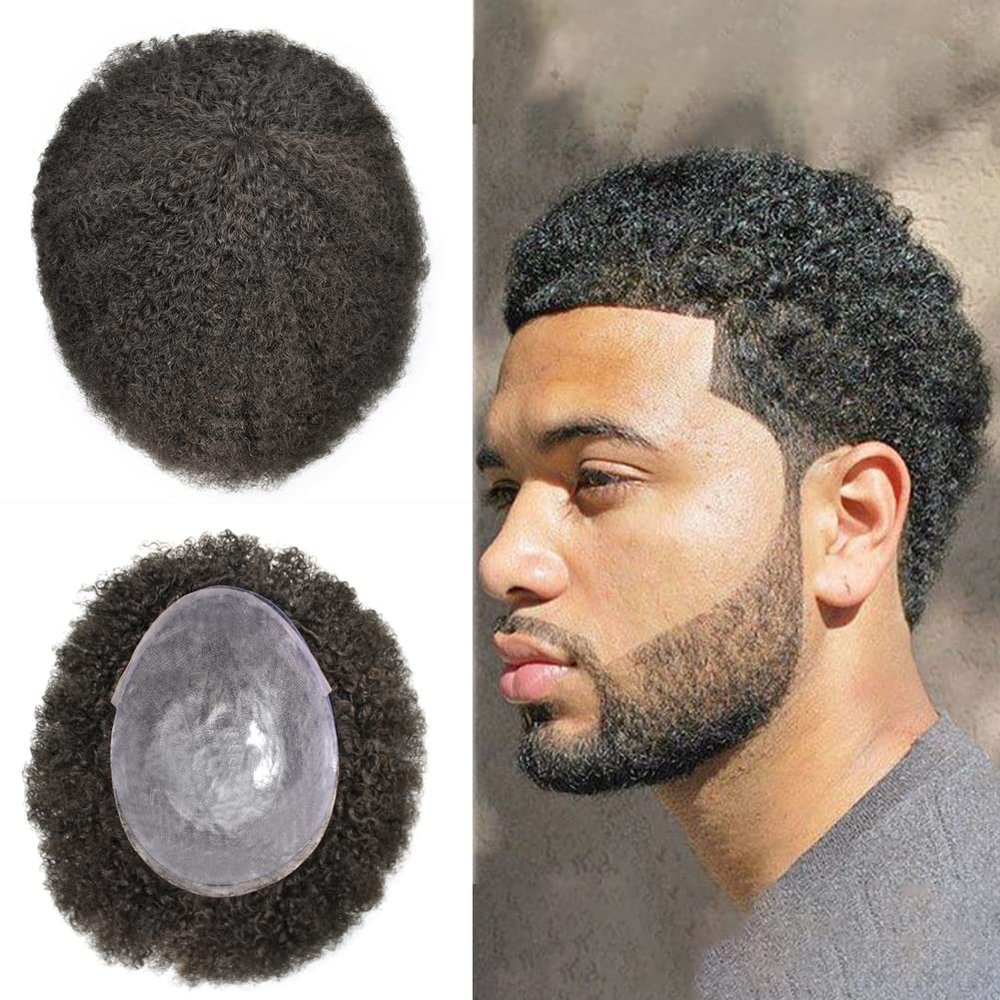 Afro Men's Toupee For Black Mens Weave Afro Human Hair Unit Kinky Curly Afro Toupee For Black Men Hair Pieces African American Durable Injection PU with Breathable Holes Man Weave (8''*10'', 1B# OFF BLACK 8MM-WAVE)