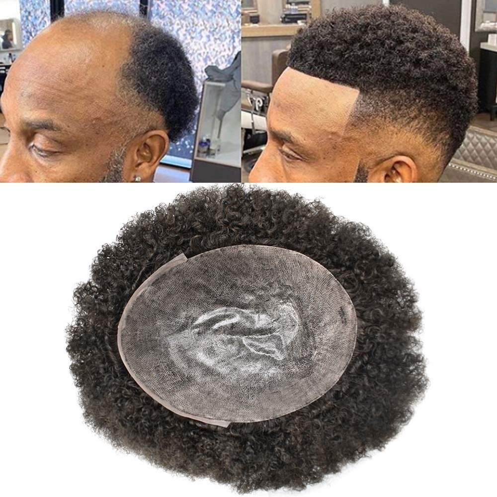 Afro Men's Toupee For Black Mens Weave Afro Human Hair Unit Kinky Curly Afro Toupee For Black Men Hair Pieces African American Durable Injection PU with Breathable Holes Man Weave (8''*10'', 1# JET BLACK 6MM-WAVE)