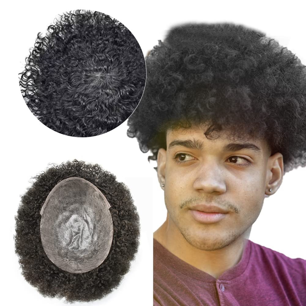 Afro Men's Toupee For Black Mens Weave Afro Human Hair Unit Kinky Curly Afro Toupee For Black Men Hair Pieces African American Durable Injection PU with Breathable Holes Man Weave (8''*10'', 1B# OFF BLACK 12MM-WAVE)