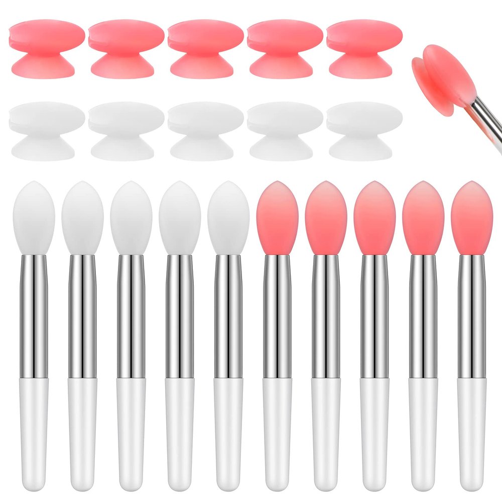 Newtay 20 Pcs Silicone Lip Brush Covers and Brushes for Reusable Lip Mask Eyeshadow Balm and Other Cream Makeup Products(Pink, White)