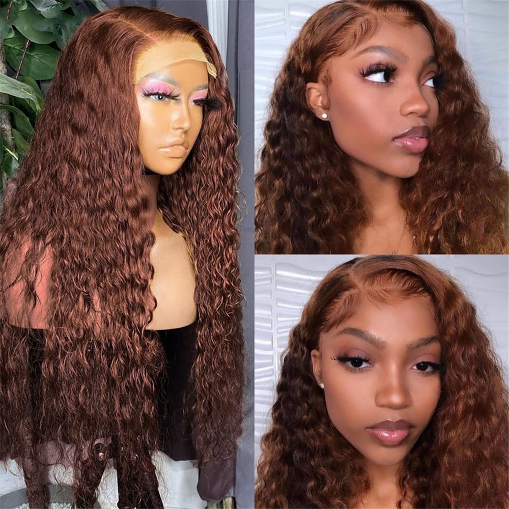 13X4 Transparent Dark Brown Deep Wave Frontal Wig Chocolate Brown Pre Plucked Lace Front Human Hair Wigs 4X4 Closure Wig 13x4 Transparent Wig 28inch
