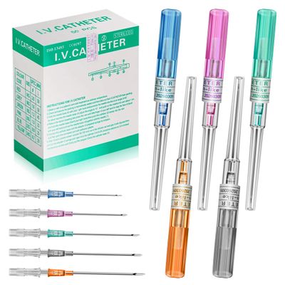 combofix IV Catheter Piercing Needles Mixed 50Pcs 14G 16G 18G 20G 22G Piercing Needles for Ear Nose Lip Belly Navel, Catheter Hollow Needles Start Kits Piercing Supplies
