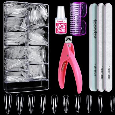 Clear Stiletto Nail Tips Full Cover, Teenitor 600pcs Long Nail Tips for Acrylic Nails, Long Acrylic Stiletto Fake Nail Tips with Glue, Clear Almond Stiletto False Nail Tips, Acrylic Nail Clipper, Nail Glue, Nail File Buffer