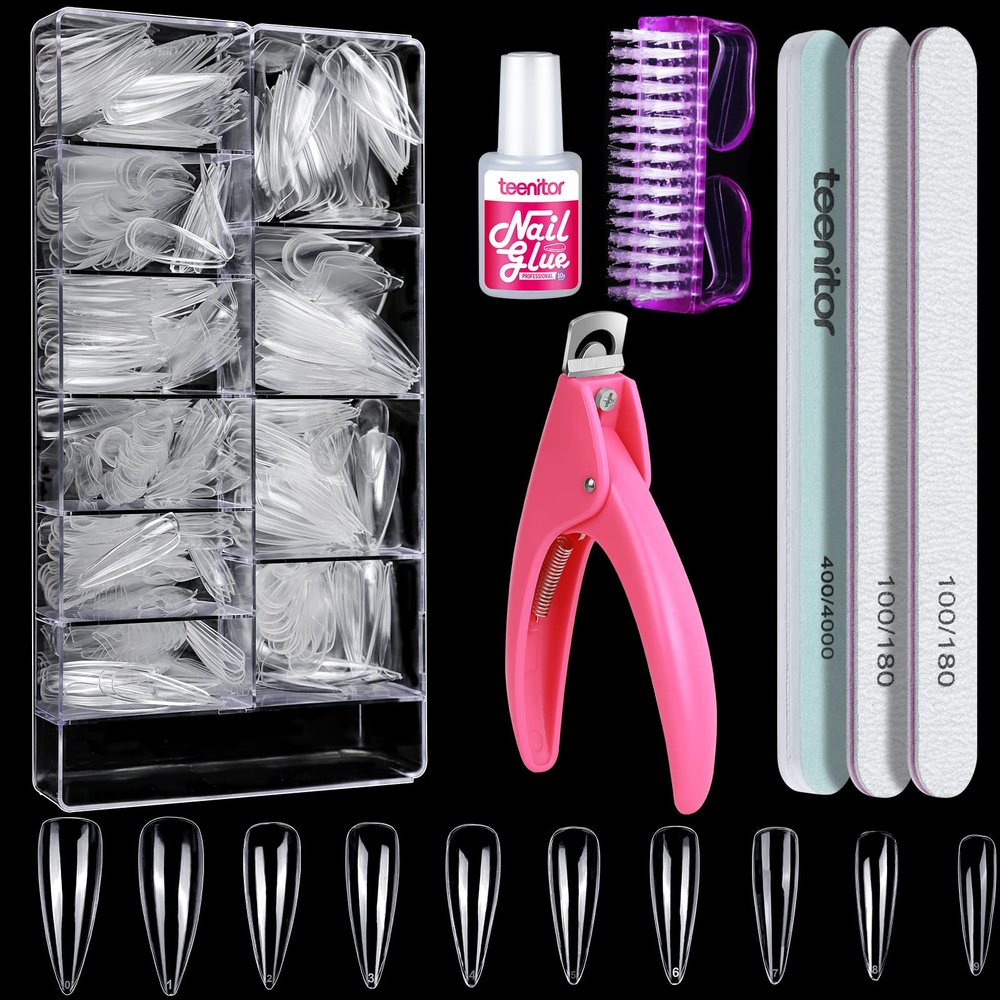 Clear Stiletto Nail Tips Full Cover, Teenitor 600pcs Long Nail Tips for Acrylic Nails, Long Acrylic Stiletto Fake Nail Tips with Glue, Clear Almond Stiletto False Nail Tips, Acrylic Nail Clipper, Nail Glue, Nail File Buffer