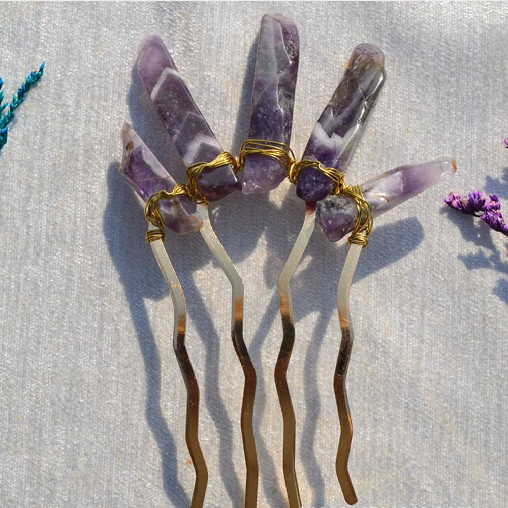 Crystal Pure Copper Hair Stick Amethyst Pink Crystal Raw Crystal Hair Accessories Hairpin Jewelry Bride Wedding Party Gift (Color : 7)