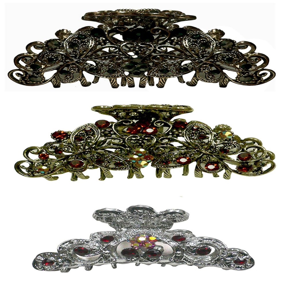JCGY Set of 3 Crystal Jaw Clips Metal Claws, Unique 2 Styles 3 Colors Hair StylingJetStop-HB5siam