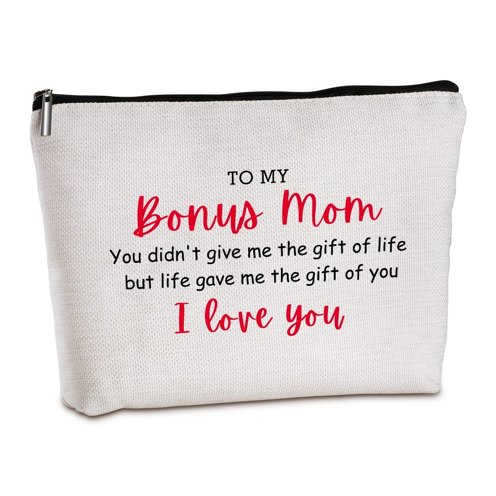 Bouns Mom Birthday Gifts from Daughters Zipper Travel Makeup Bag Mothers Day Gifts from Son or Daughter Best Mom Gifts Personalized Gifts for Bonus Mom for Christmas Thanksgiving Unique Gifts