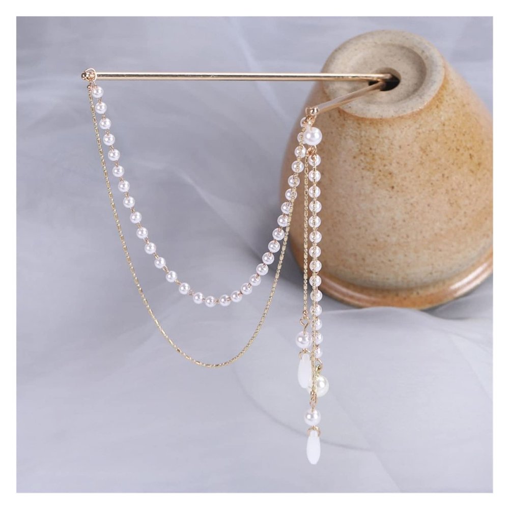 YQBUER Fork with Chain Nunchaku Alloy Hairstyle Pearl Tassel Hair Stick Women Hair Accessories Chinese Hairpin (Color : D)