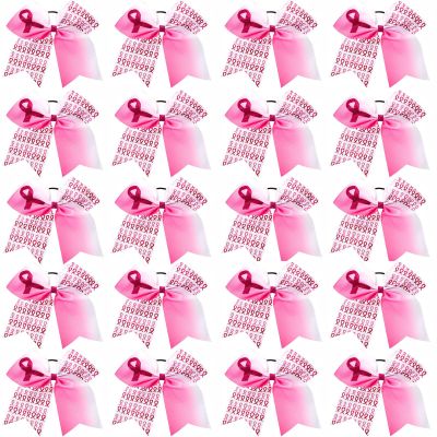 20 Pieces 7 Inch Breast Cancer Awareness Cheer Hair Bows Ponytail Holder Large Glitter Pink Ribbon Hair Bows Accessories Elastic Band Handmade for Teens Women
